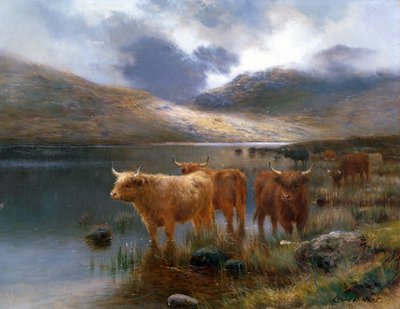 Highland Cattle by a Loch by Louis Bosworth Hurt